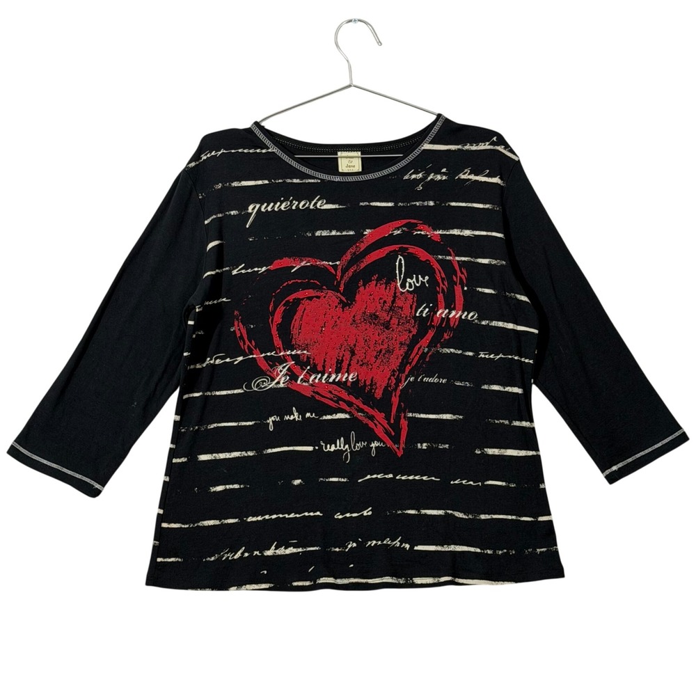 Jess & Jane Heart Shirt Womens Large Black Vintage Graphic Rhinestone Je Taime